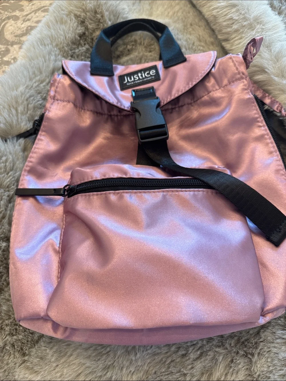 Justice Girls Light Pink Satin Mini Backpack with Black Trim